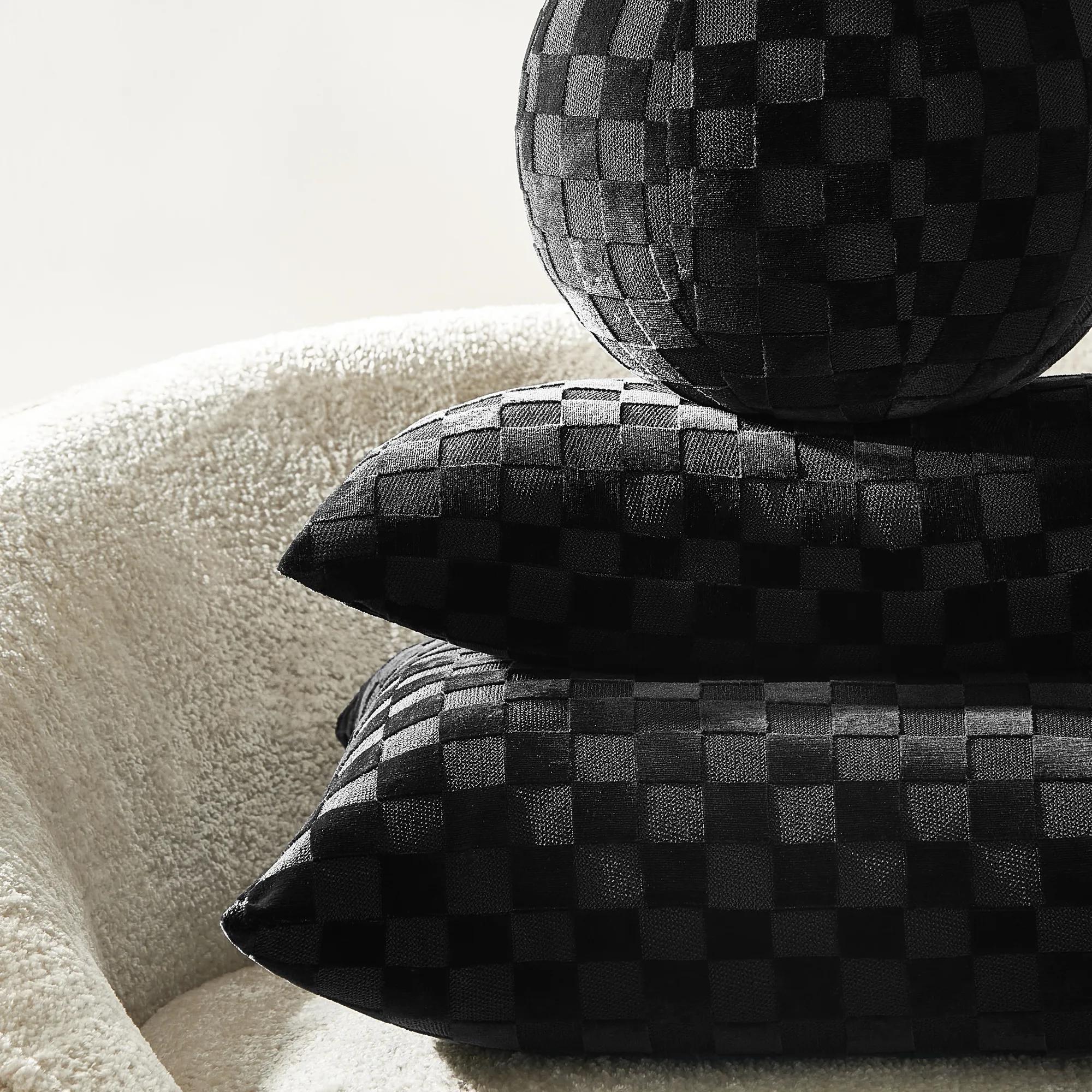 Checker Velvet Ball Pillow 12" - Black